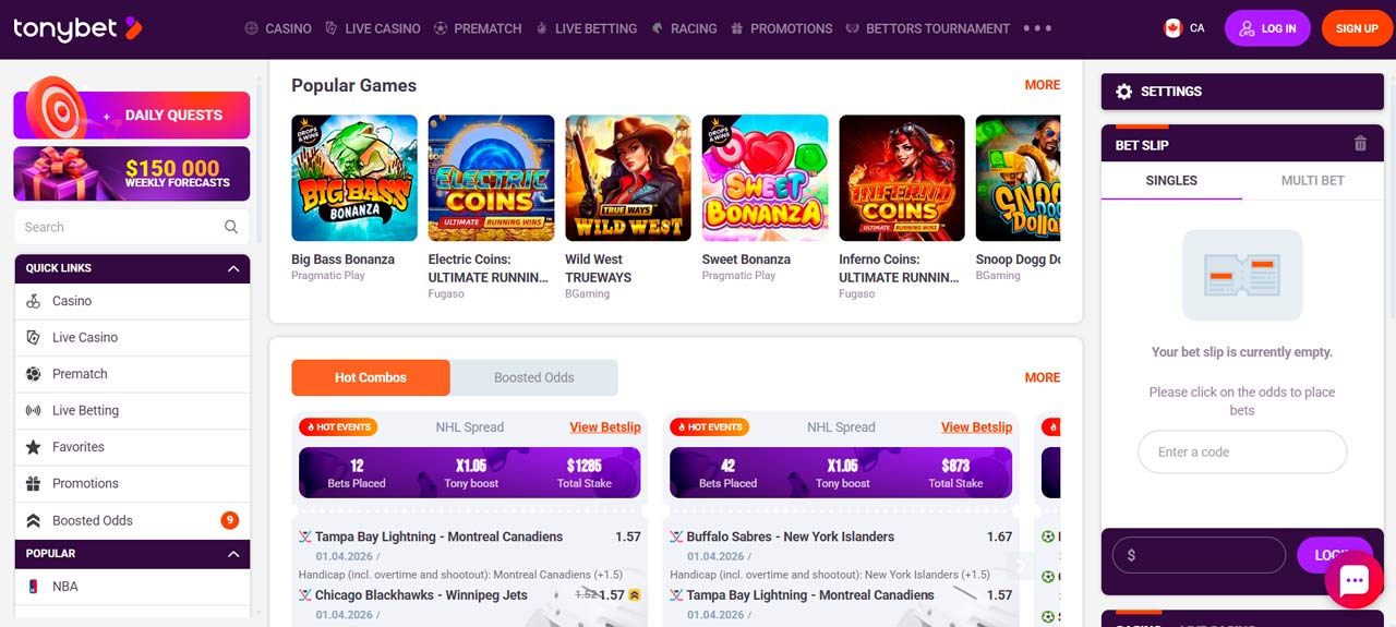 TonyBet casino screen