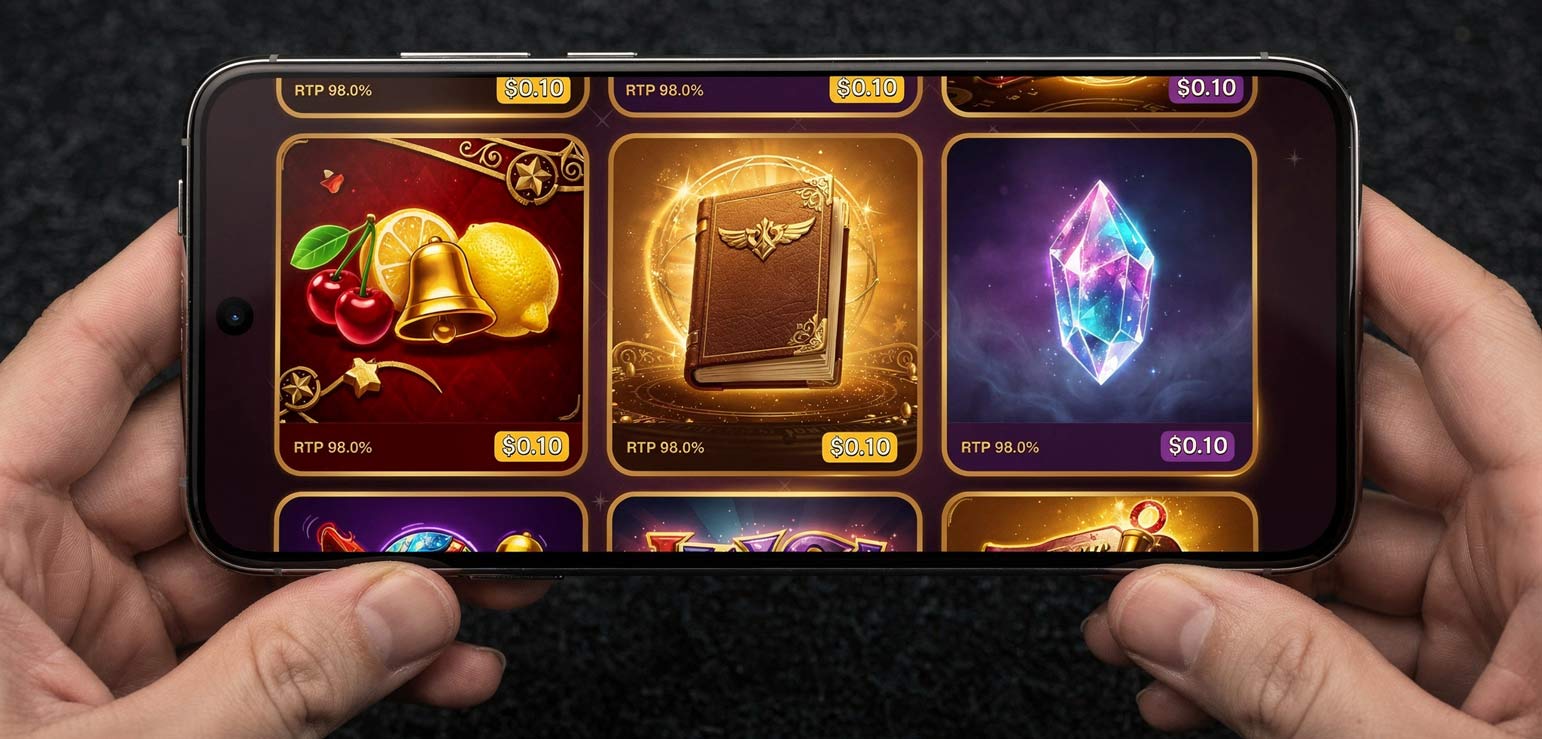 Smartphone screen displaying high-RTP casino slot games with low bet denominations