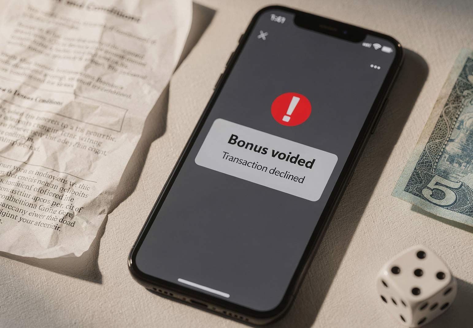 Phone notification showing casino bonus voided due to terms violation with crumpled fine print